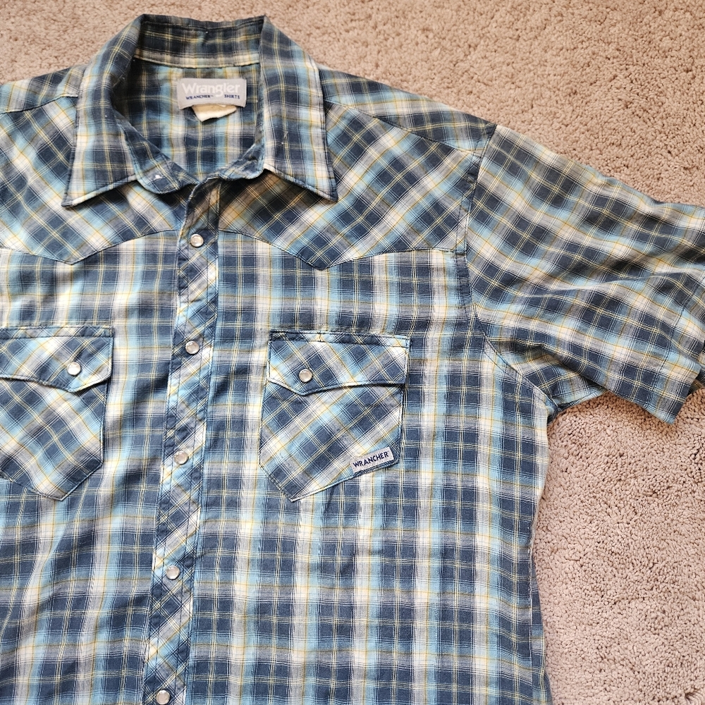 Wrangler Wrancher Pearl Snap Western Shirt Mens Large Blue Plaid Cotton Blend